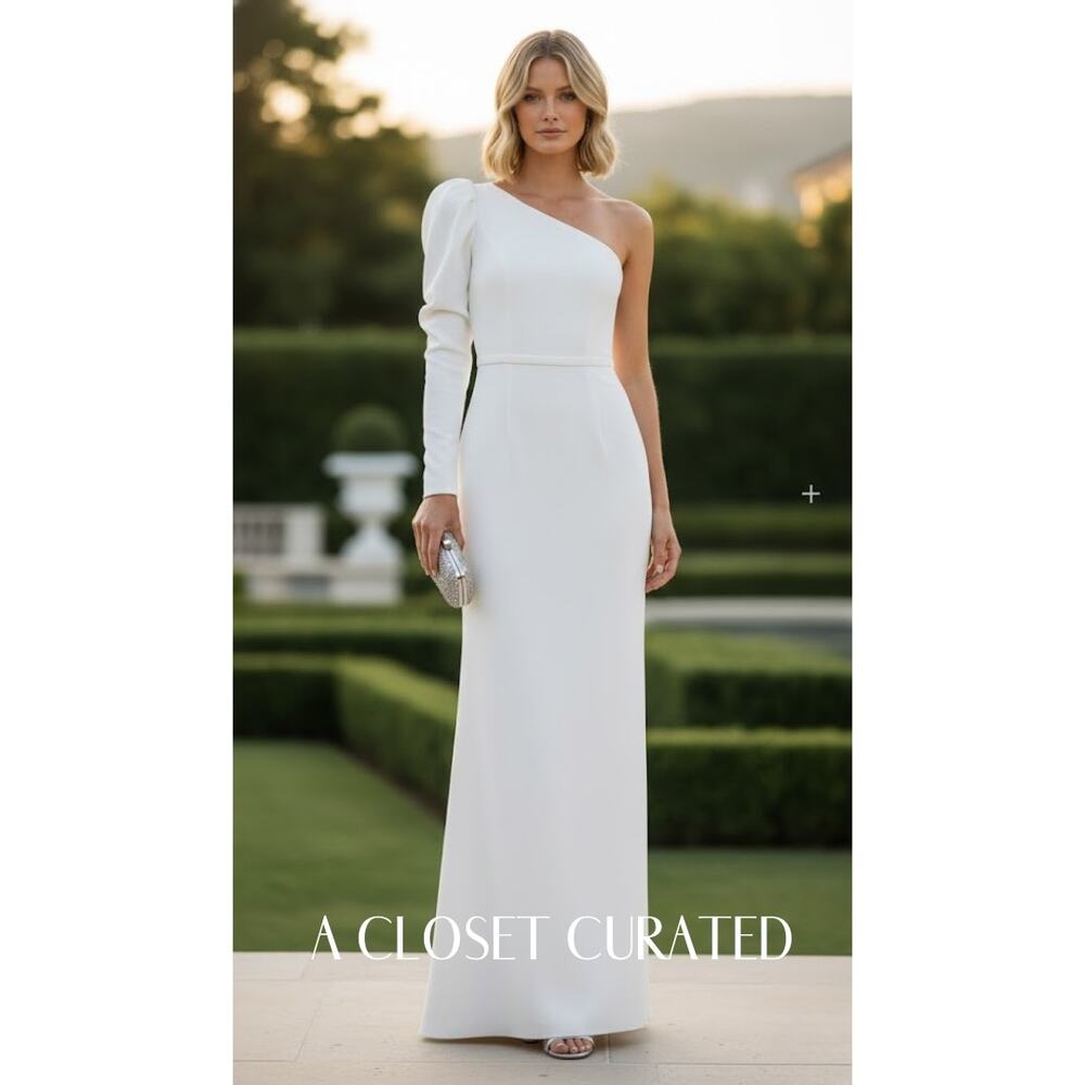 Mac Duggal One Shoulder Long Sleeve Gown 2 White NWT Style 26592